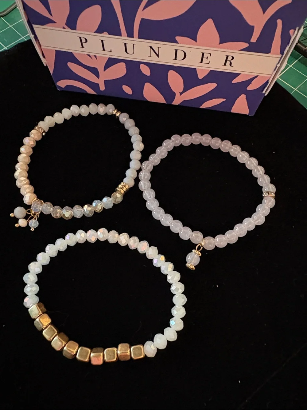 Plunder Stackable Lavender and White Beaded Bracelet Set with Gold Accents